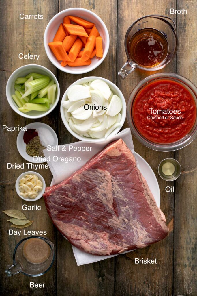 Ingredients to make beef brisket in the oven