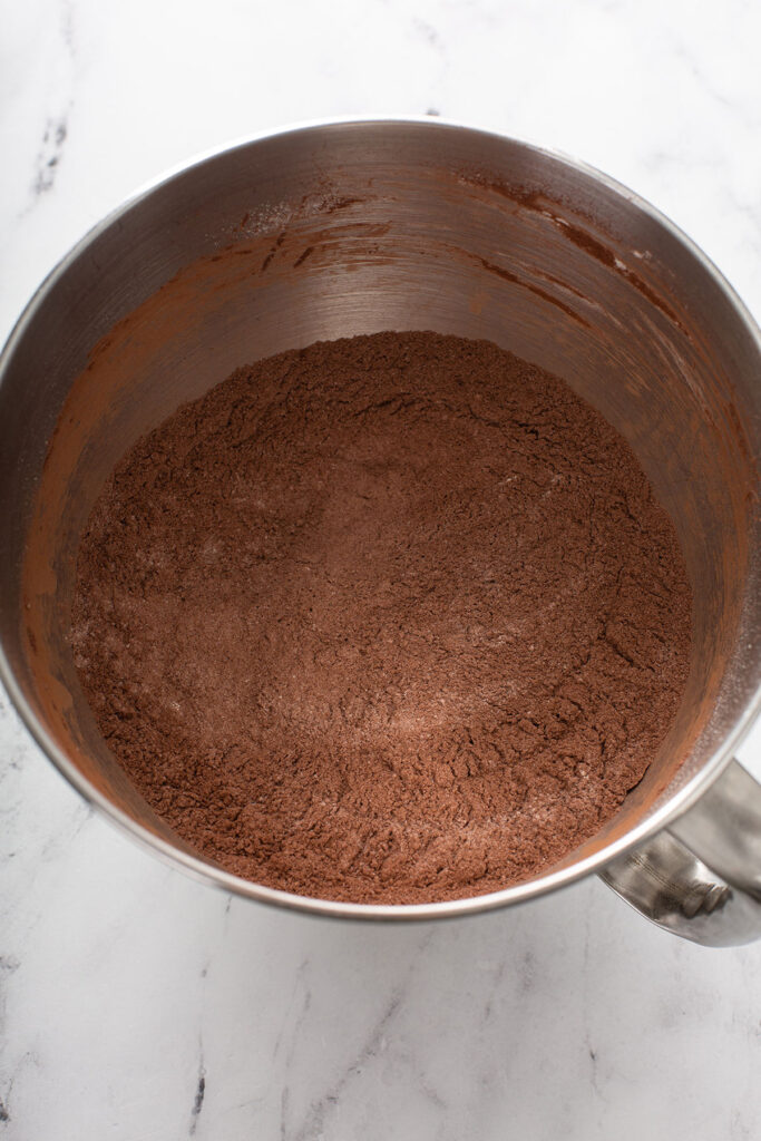 Dry ingredient mixture for chocolate cake.