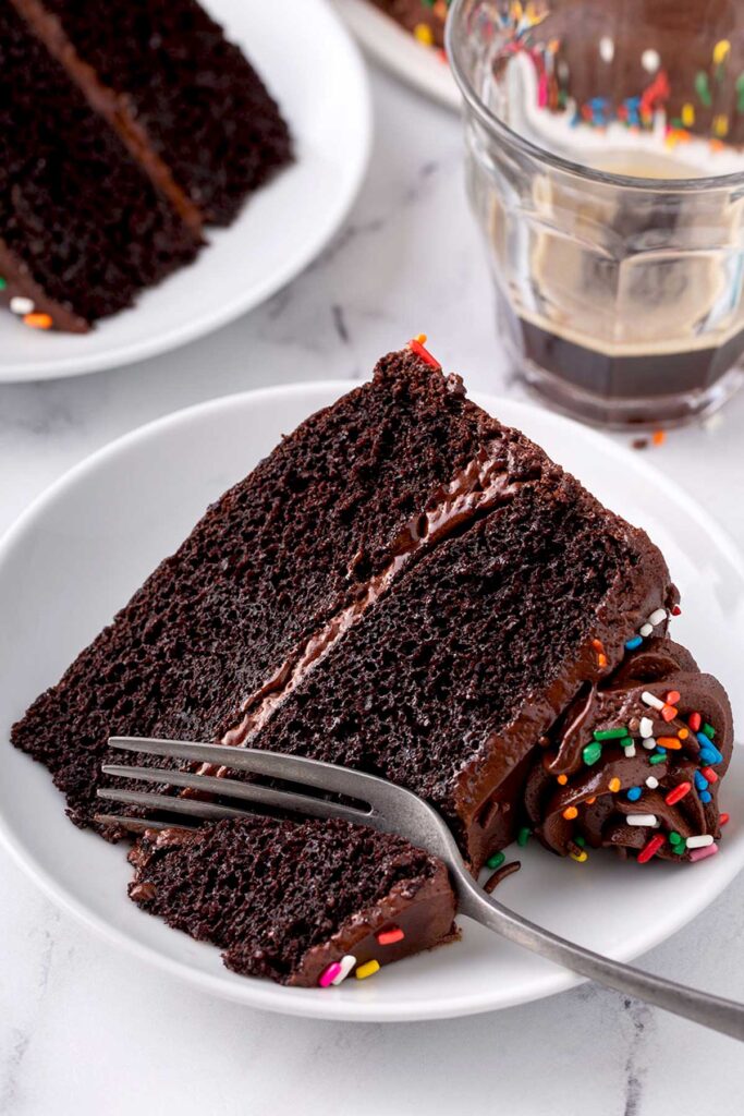 Slice of frosted chocolate cake on a plate