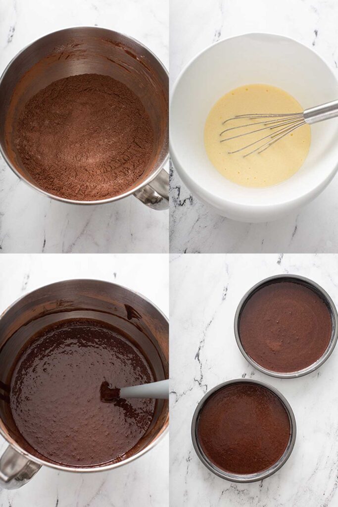Photo collage of the process of making homemade chocolate cake 