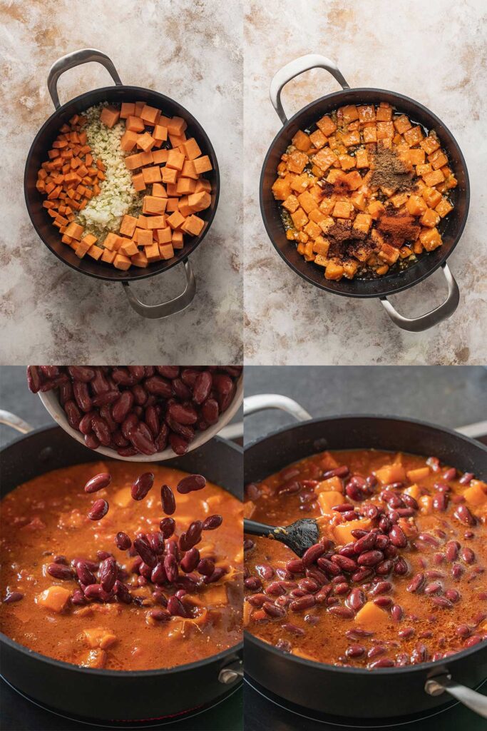 Step by step photos of how to make vegetarian chili with beans and sweet potatoes.