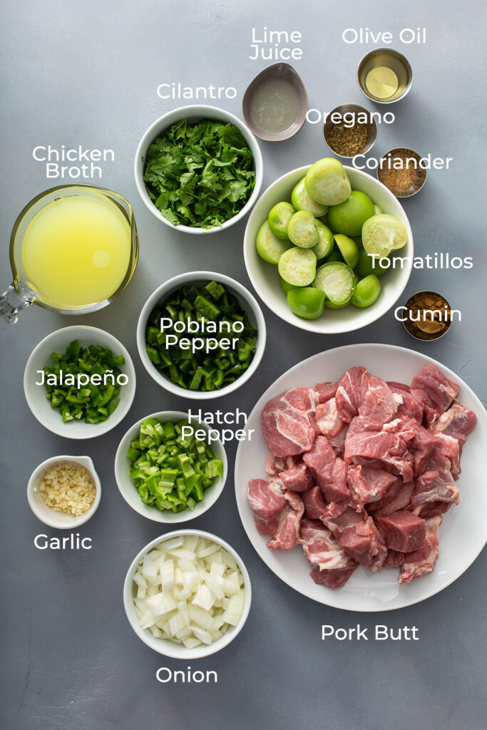 All the ingredients needed to make Mexican chile verde pork stew on a gray surface