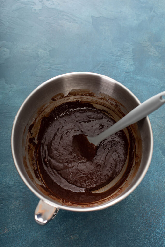 chocolate cookie batter on a mixing bowl