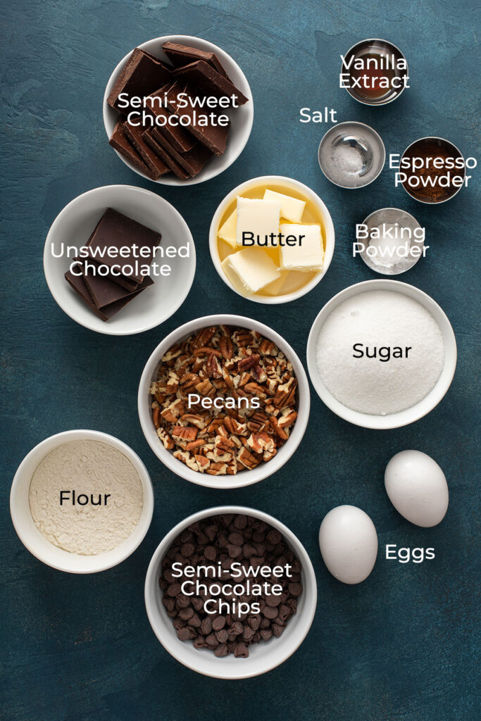 Ingredients to make double chocolate cookies with pecans