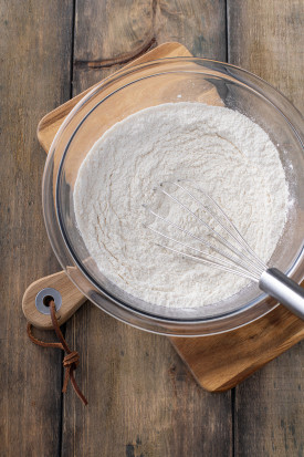 flour, sugar, baking soda and salt in a mixing bowl