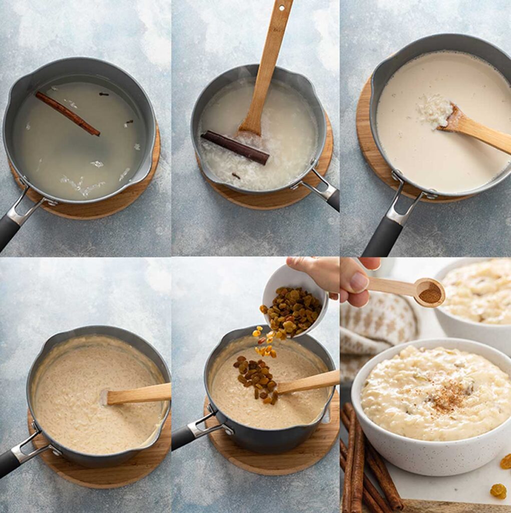 Step by step photos on how to make rice pudding on the stove top.