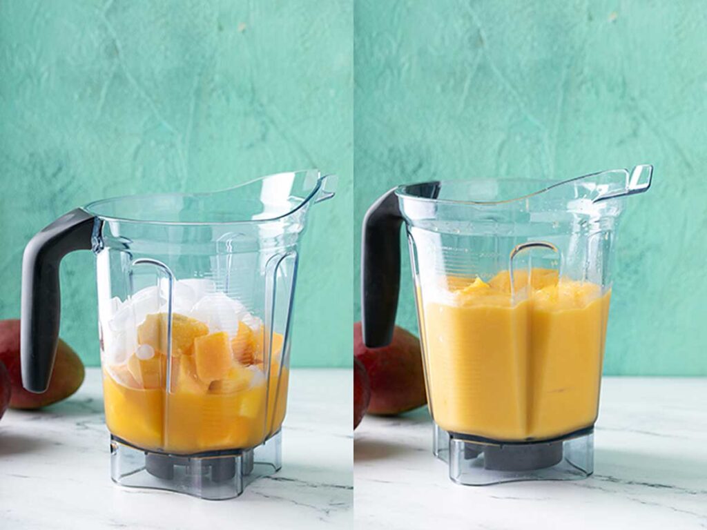 Two step by step photos showing how to blend the frozen mango with ice and mango nectar.