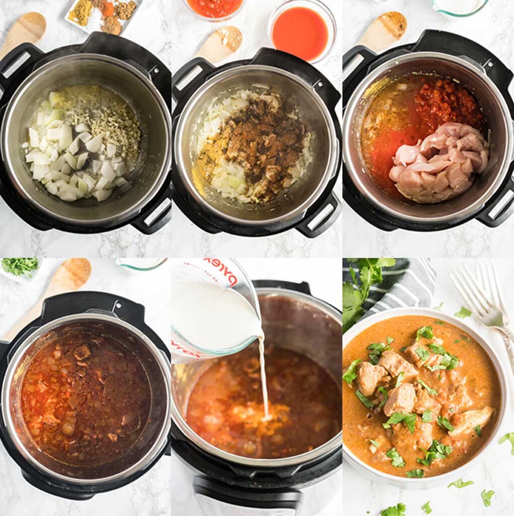 Step by step images on how to make Indian butter chicken curry in the instant pot.