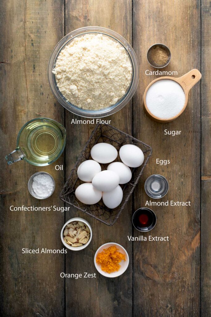 Ingredients to make gluten-free and grain-free almond cake
