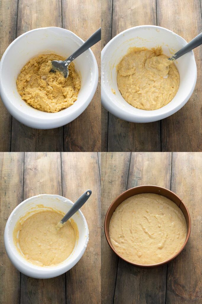 Photo collage of step by step photos on how to make almond cake
