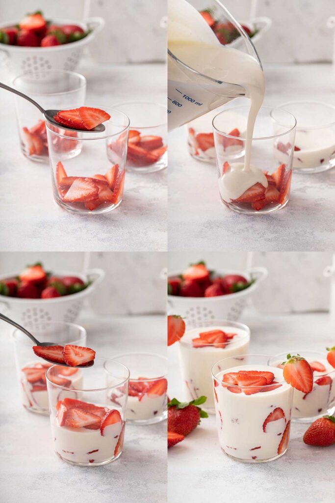 Step by step photos of how to layer Fresas con crema dessert in a glass cup.