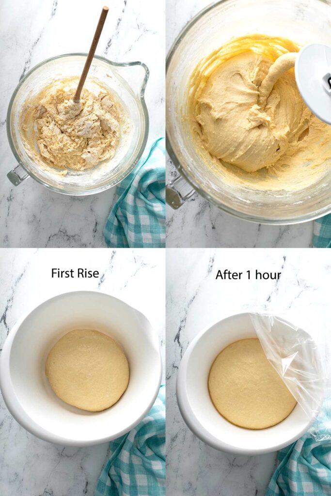 Step by step photos on how tomix/ knead dough up to the end of the first rise.