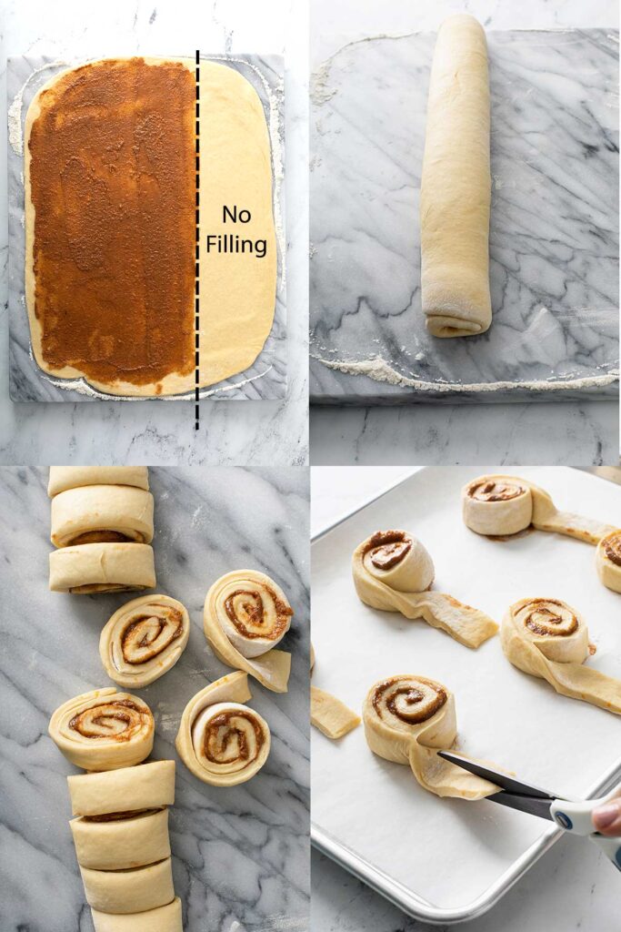 Step by step photos on how to fill, roll and shape  breakfast bunny rolls