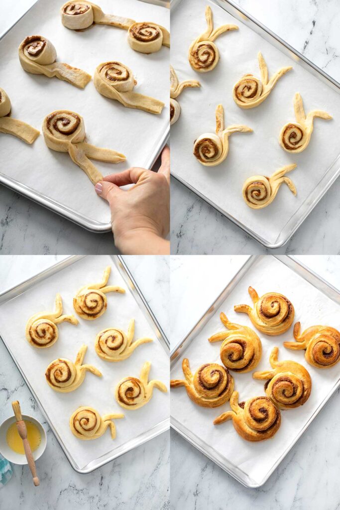 Step by step photos on how to shape the sweet rolls to look like bunnies' ears.