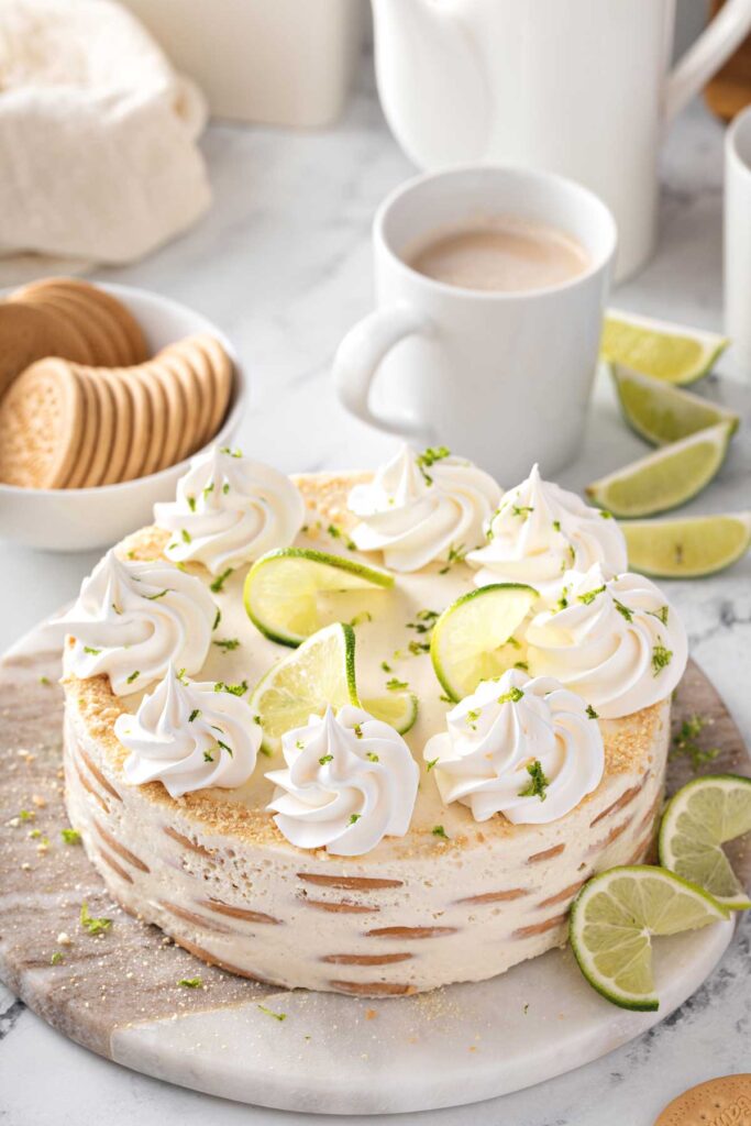 A whole lime icebox cake topped with whipped cream