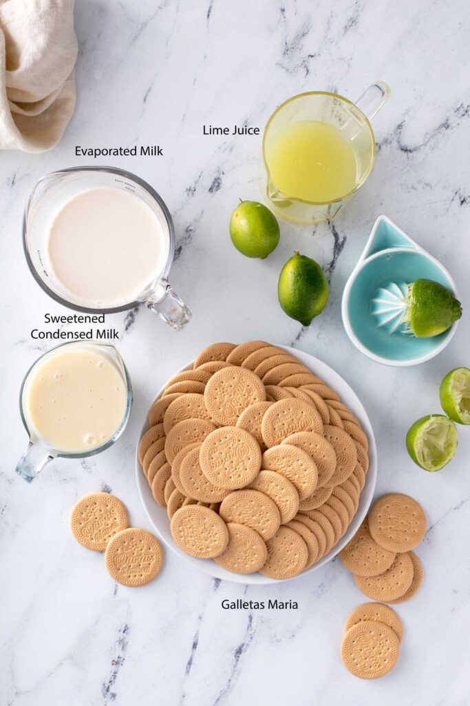 Ingredients to make Mexican ice box cake with galletas Maria, limes and condensed milk