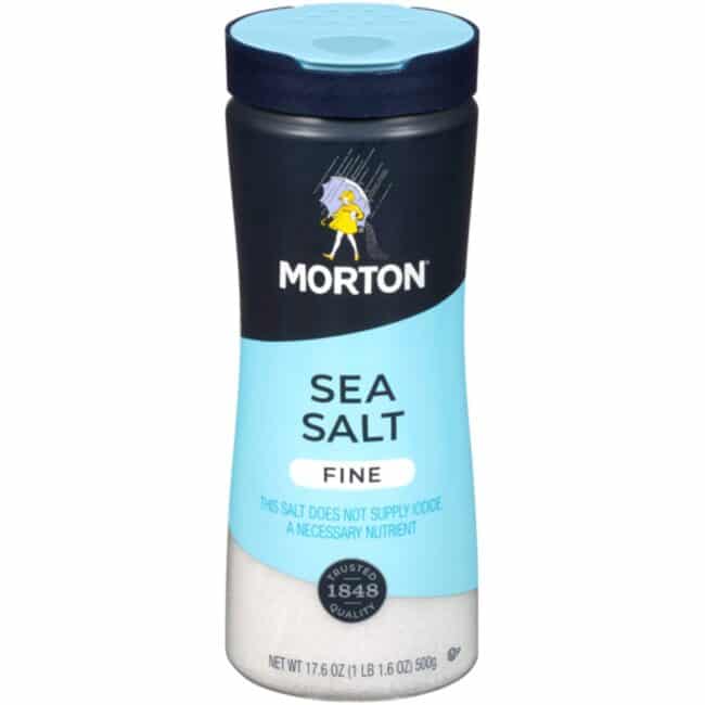 Morton Fine Mediterranean Sea Salt in a black, light blue and white bottle