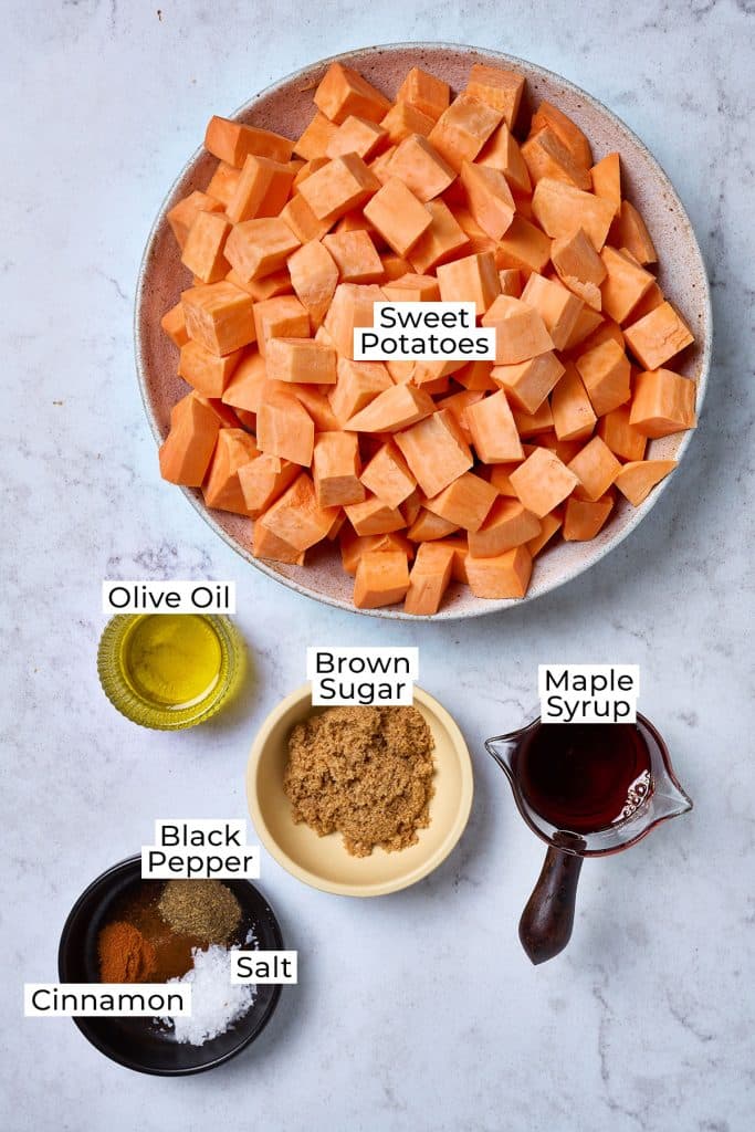 ingredients to make maple roasted sweet potatoes