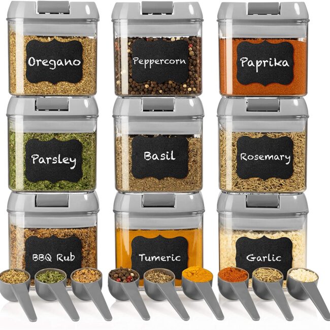 9 spice containers and spoons