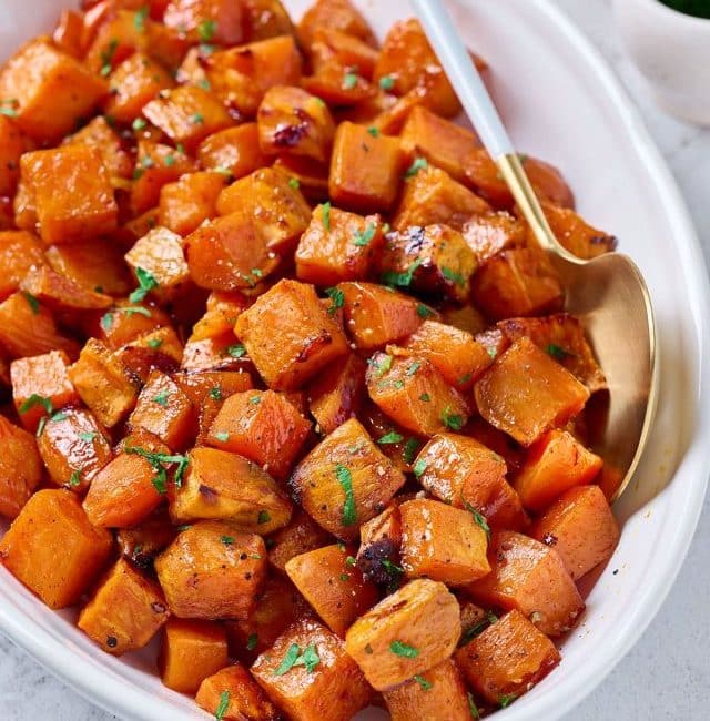 Maple Oven Roasted Sweet Potatoes in a white bowl