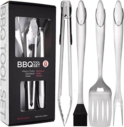 A BBQ tool set that includes tongs, a brush, a spatula and a fork. Comes in a black box.