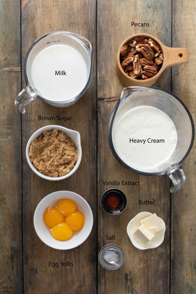 Ingredients to make butter pecan ice cream.