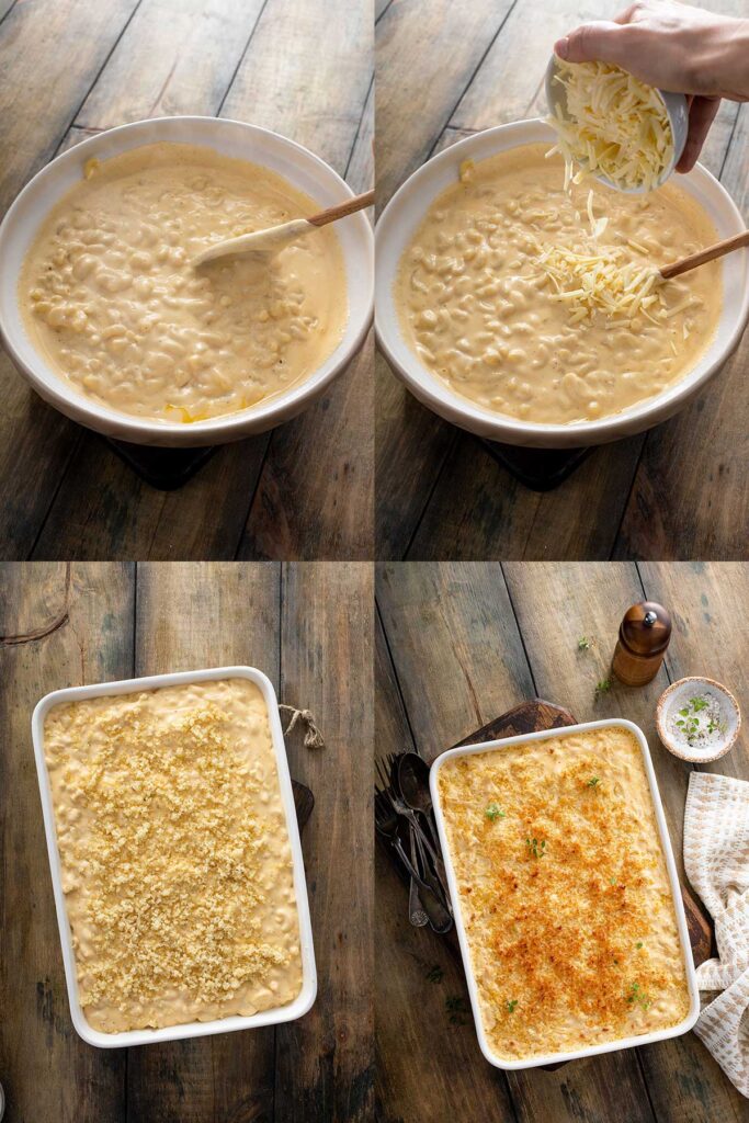 Step by step photos of how to make macaroni and cheese (combining cheese and noodles and adding topping)