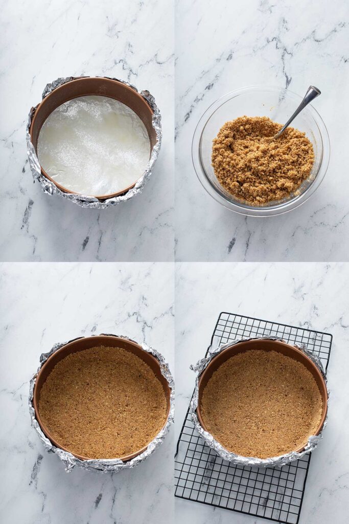 Step by step photos of how to make a graham cracker crust and almond crust for a cheesecake