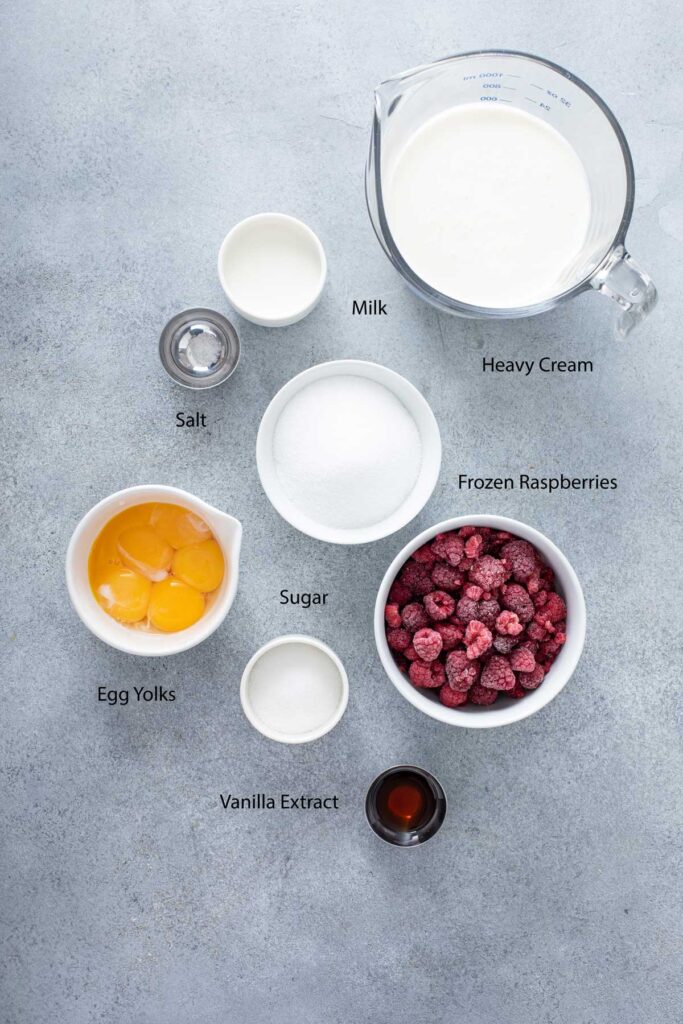 Ingredients to make fruity raspberry ice cream.