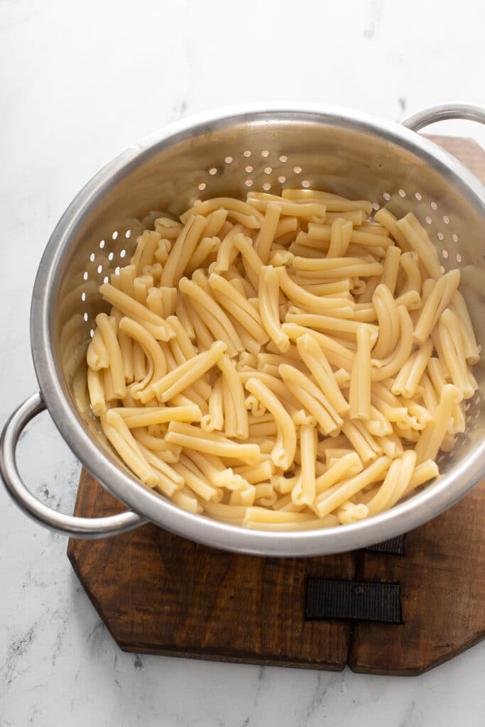 Casarecce short pasta cooked until al dente in a colander