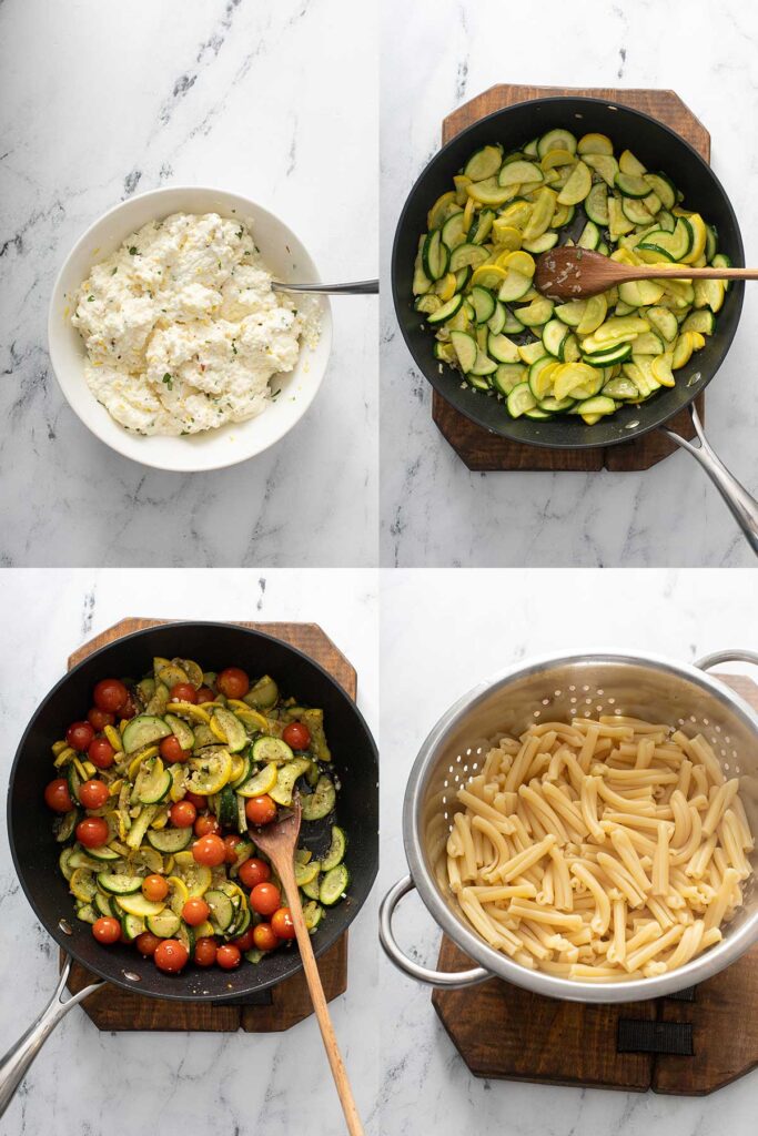 Step by step photos on how to make casarecce pasta with summer veggies and ricotta cream sauce.