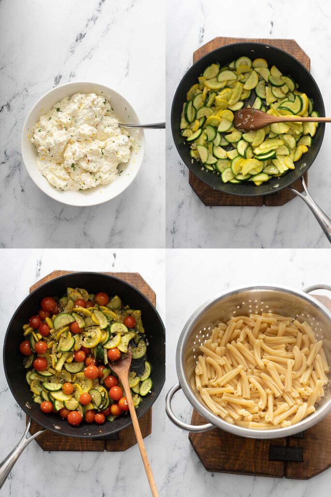 Step by step photos on how to make casarecce pasta with summer veggies and ricotta cream sauce.