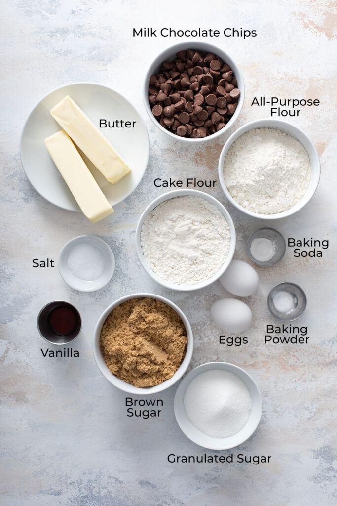 Ingredients to make copycat crumbl cookies with chocolate chips