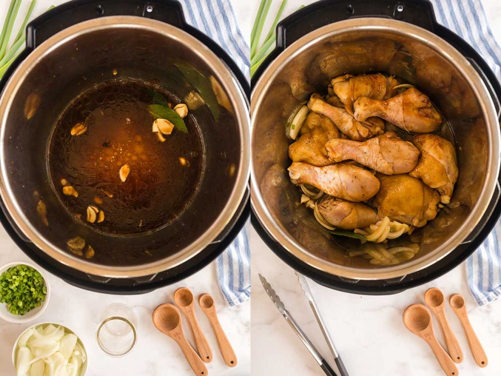 Two pictures side by side. The first one shows the Instant Pot only with the cooking liquid and the second photo shows the chicken pieces in the instant pot over the liquid.