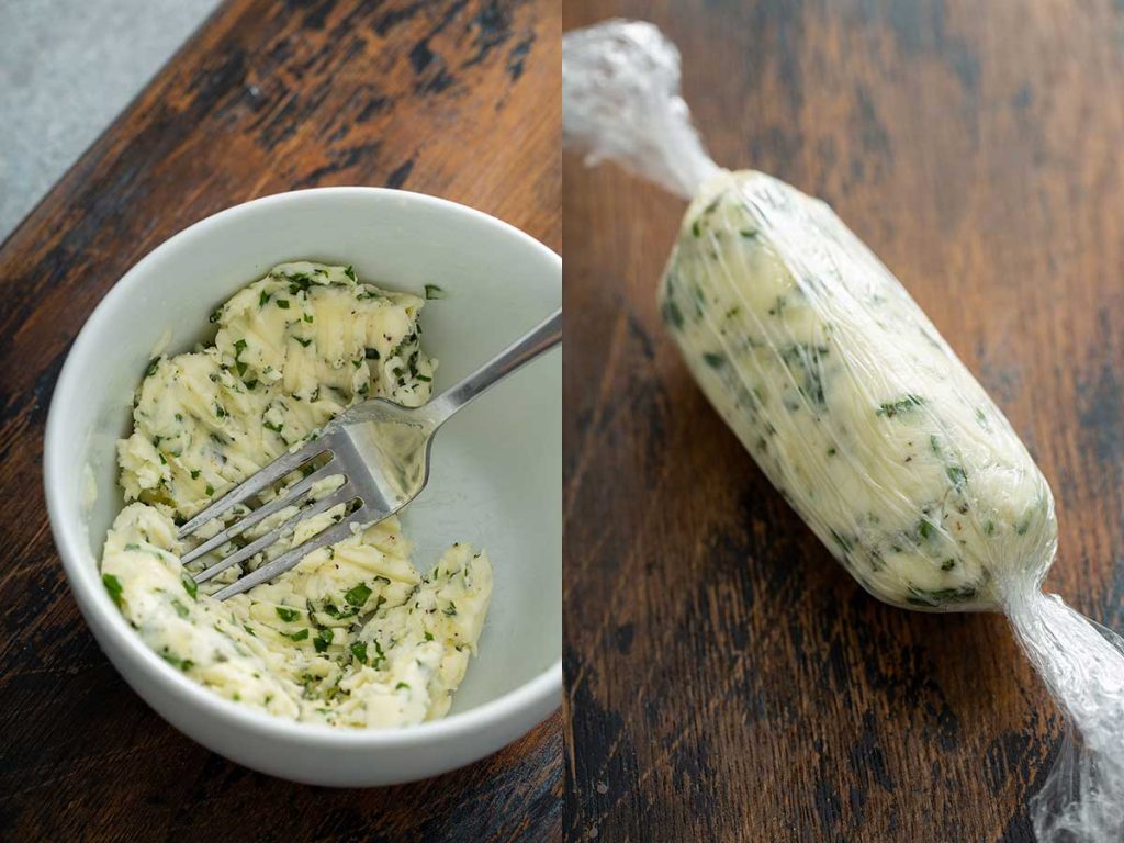 Step by step photos on how to make garlic herb butter.