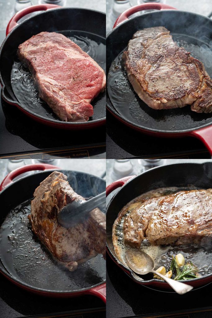 Step by step photos on how to pan sear a steak on the stove top.