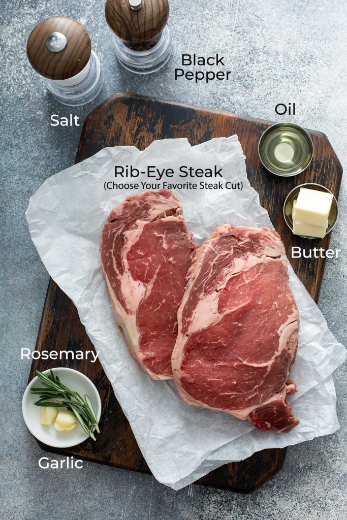 Ingredients to make the best steak with garlic and herb butter.