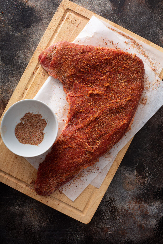 Room Temperature Tri-tip trimmed and patted dry with rub mixture rubbed all over  