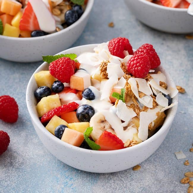 Bionicos Mexican fruit bowls topped with sweet cream, coconut and granola