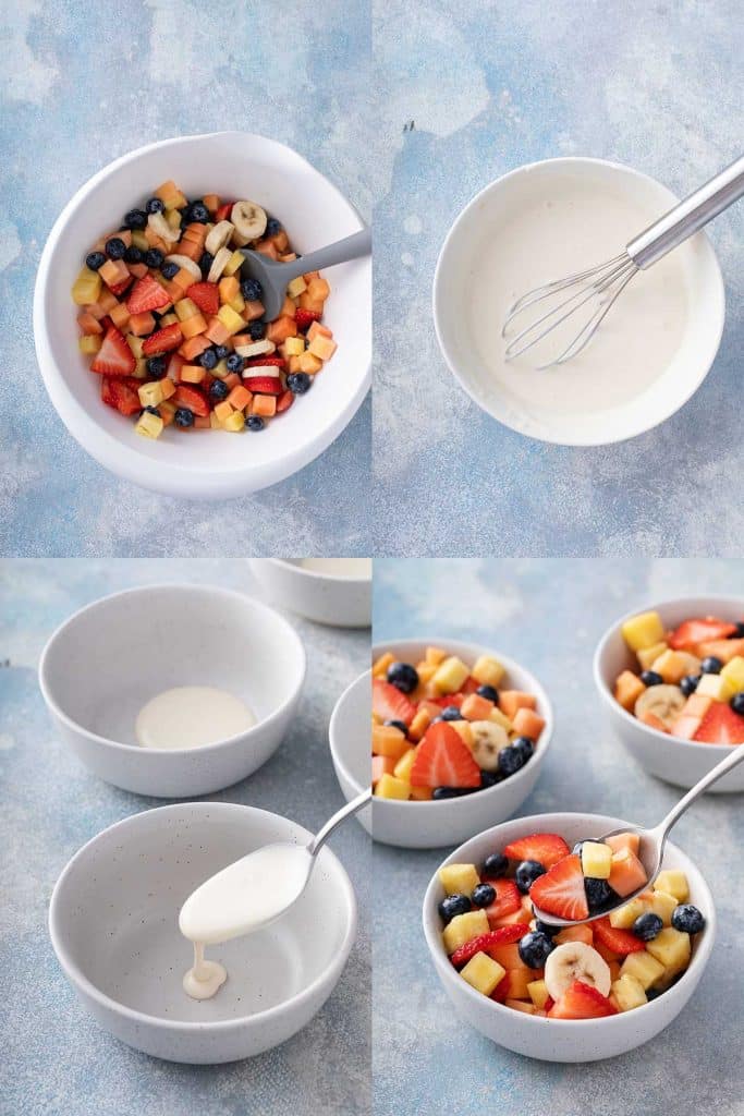 Image shows how to make Mexican fruit salad bowls step by step.