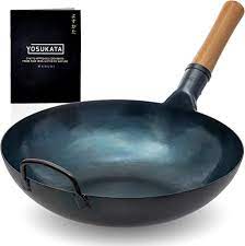 Blue carbon steel flat bottom wok