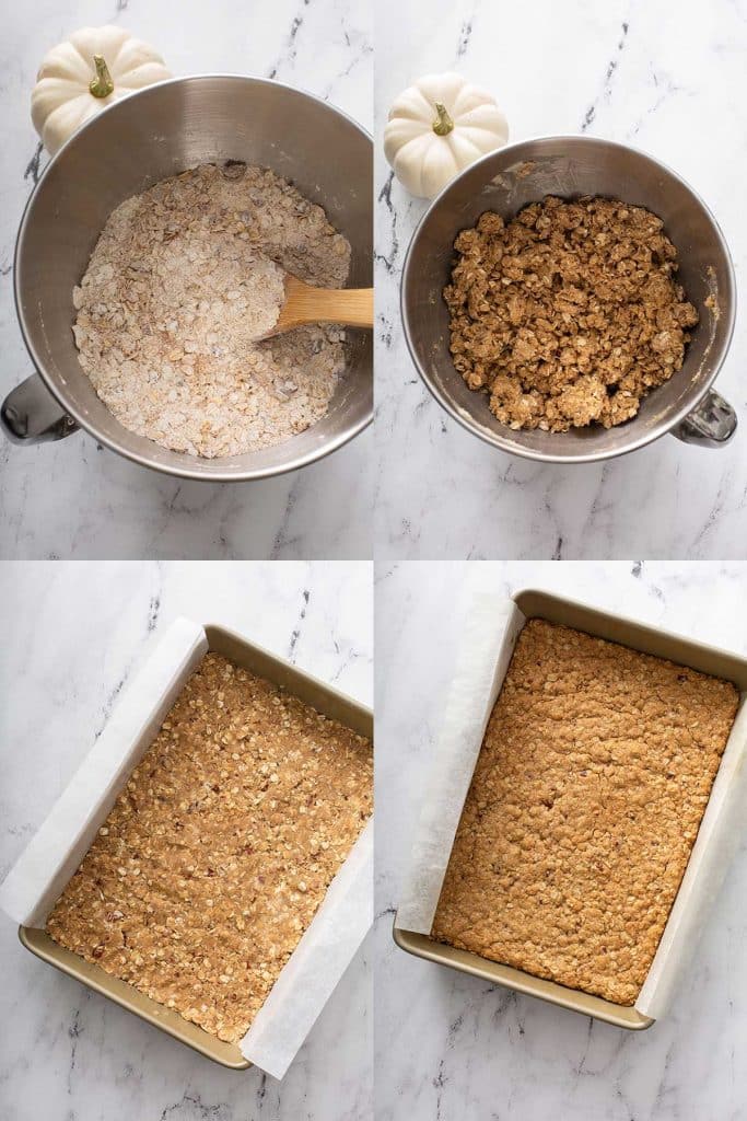 Step by step photos on how to make the cheesecake bar crust and streusel.