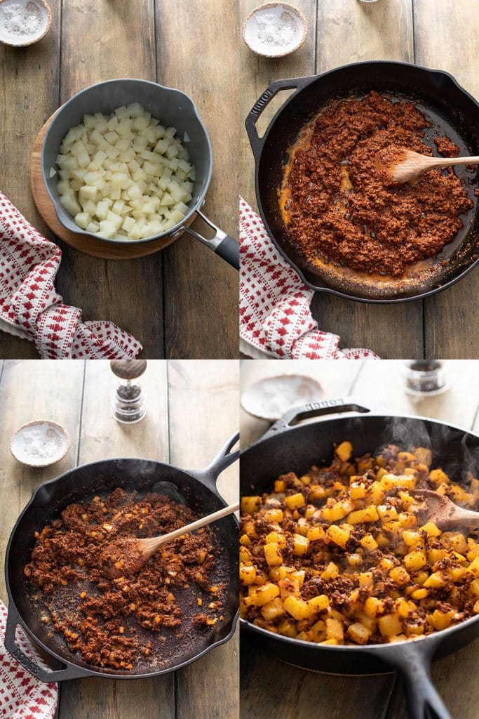 Step by step photos on how to make papas and Mexican chorizo.
