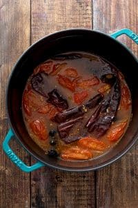 Rehydrating dried chiles in a pot