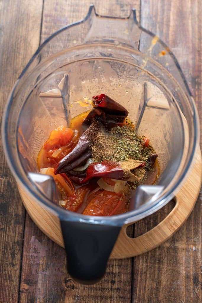 Dried chile and vegetable mixture in a blender