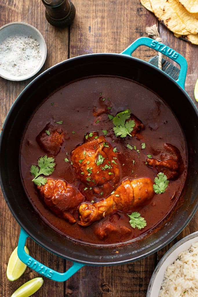 Top view of a pot of cooked Mexican adobo