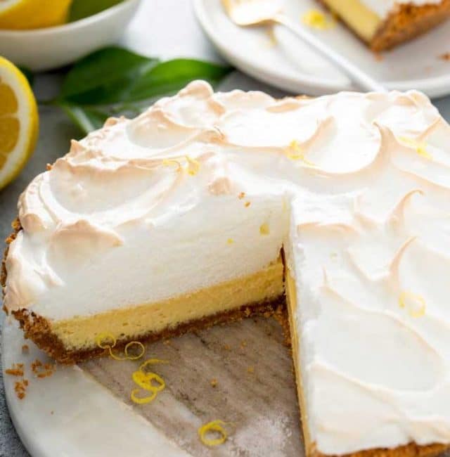 Creamy lemon pie cut up into slices