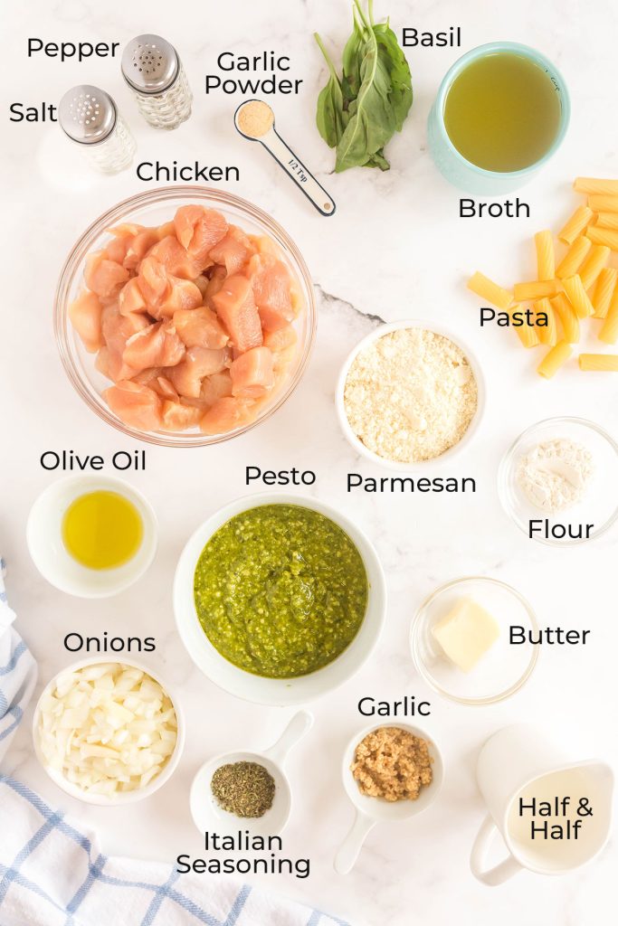 Ingredients to make this creamy pesto pasta with chicken.