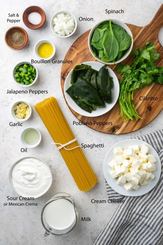 Ingredients to make Green spaghetti or espagueti verde