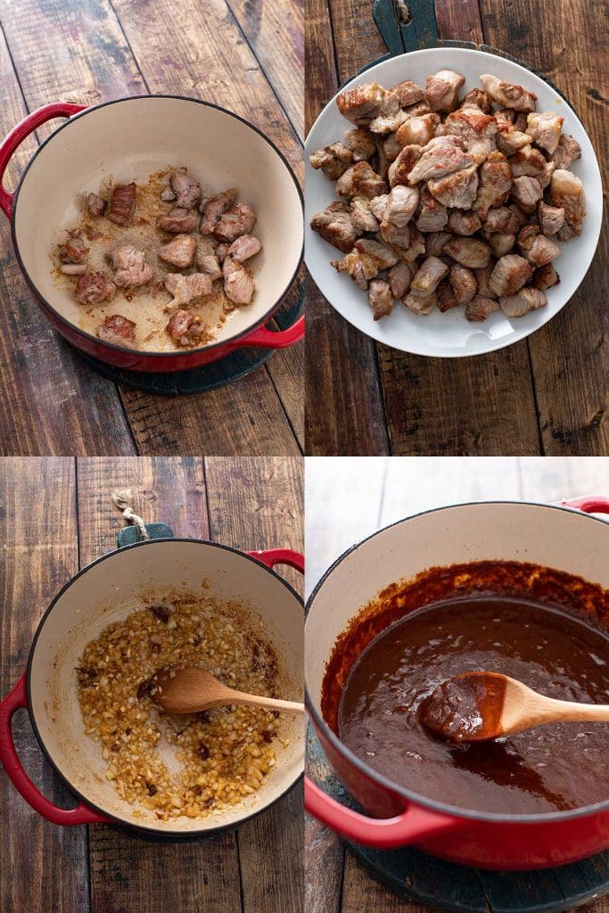 Steps for cooking the pork in carne adovada.